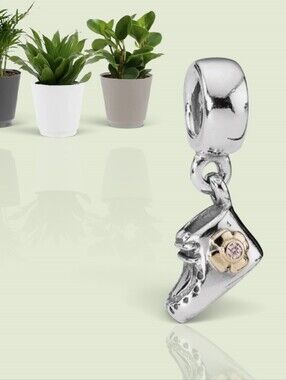 Pandora Sterling Silver & 14K Gold Baby Girl Bootie Dangle With Pink CZ Retired